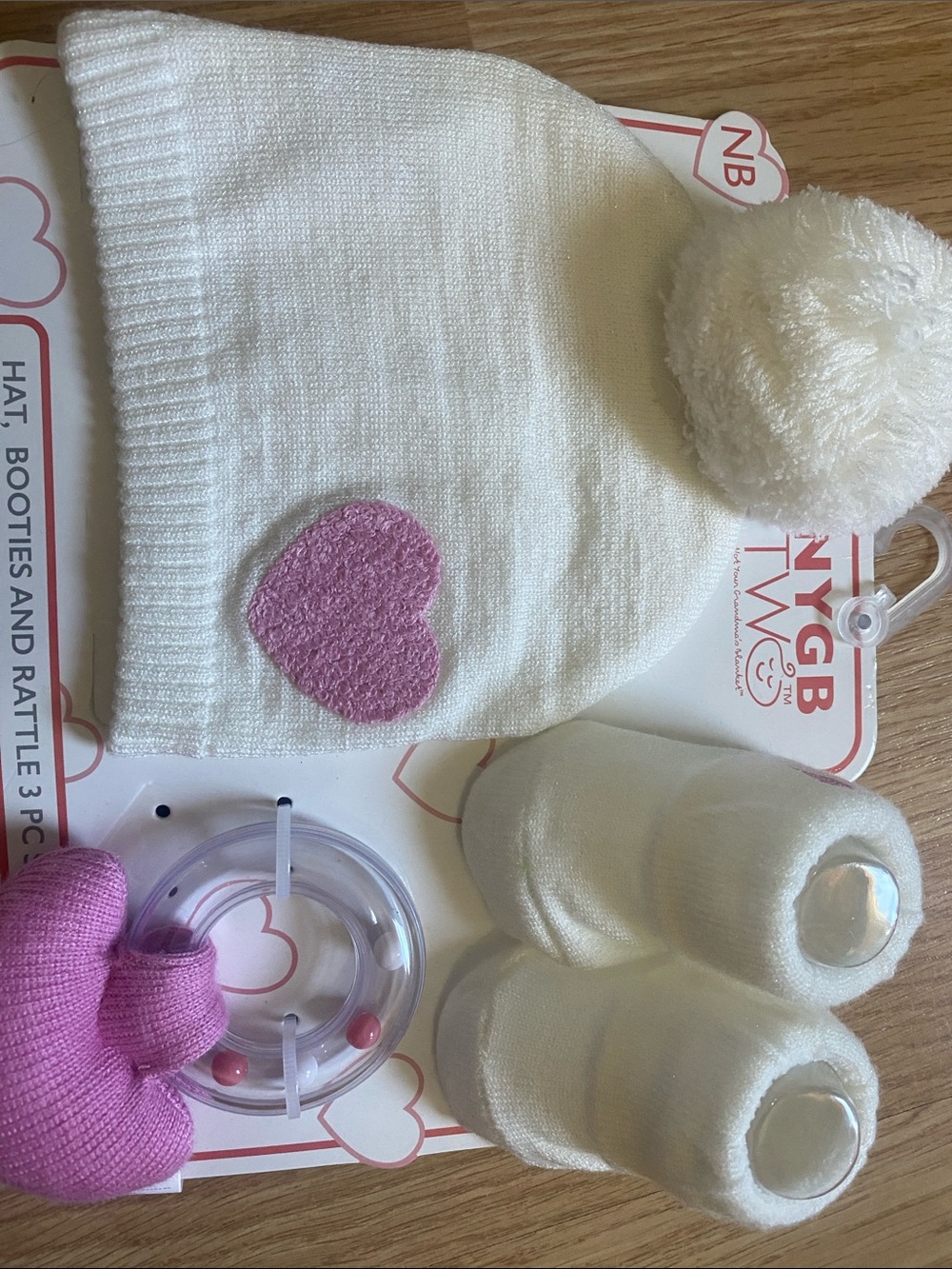 Baby White Knit Pom Hat, Booties & Rattle Set with Pink Heart